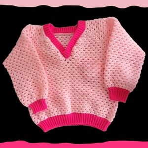 Hand made Pink V-Neck Sweater with Hot Pink Accents